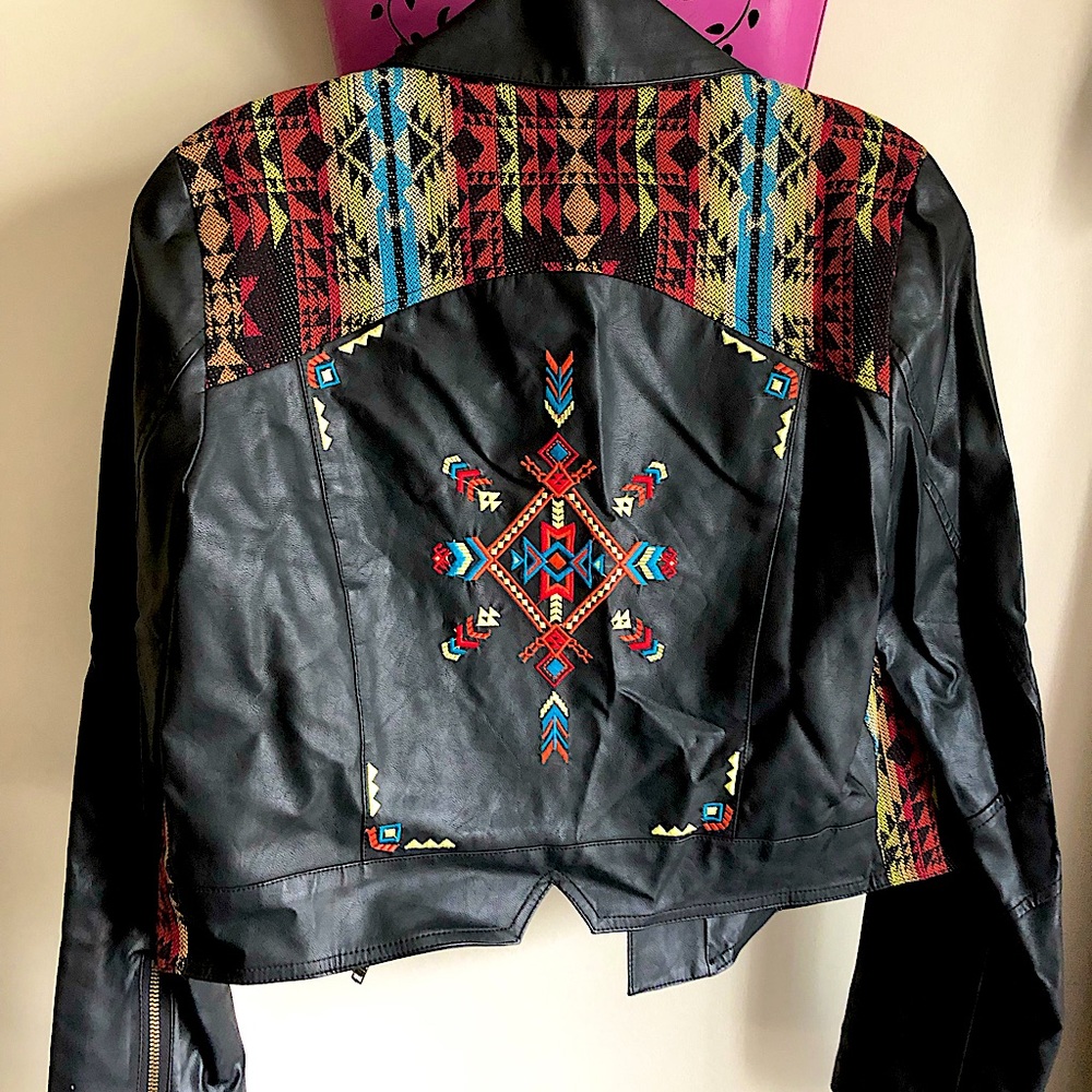 Faux leather moto jacket, embroidered, sz S